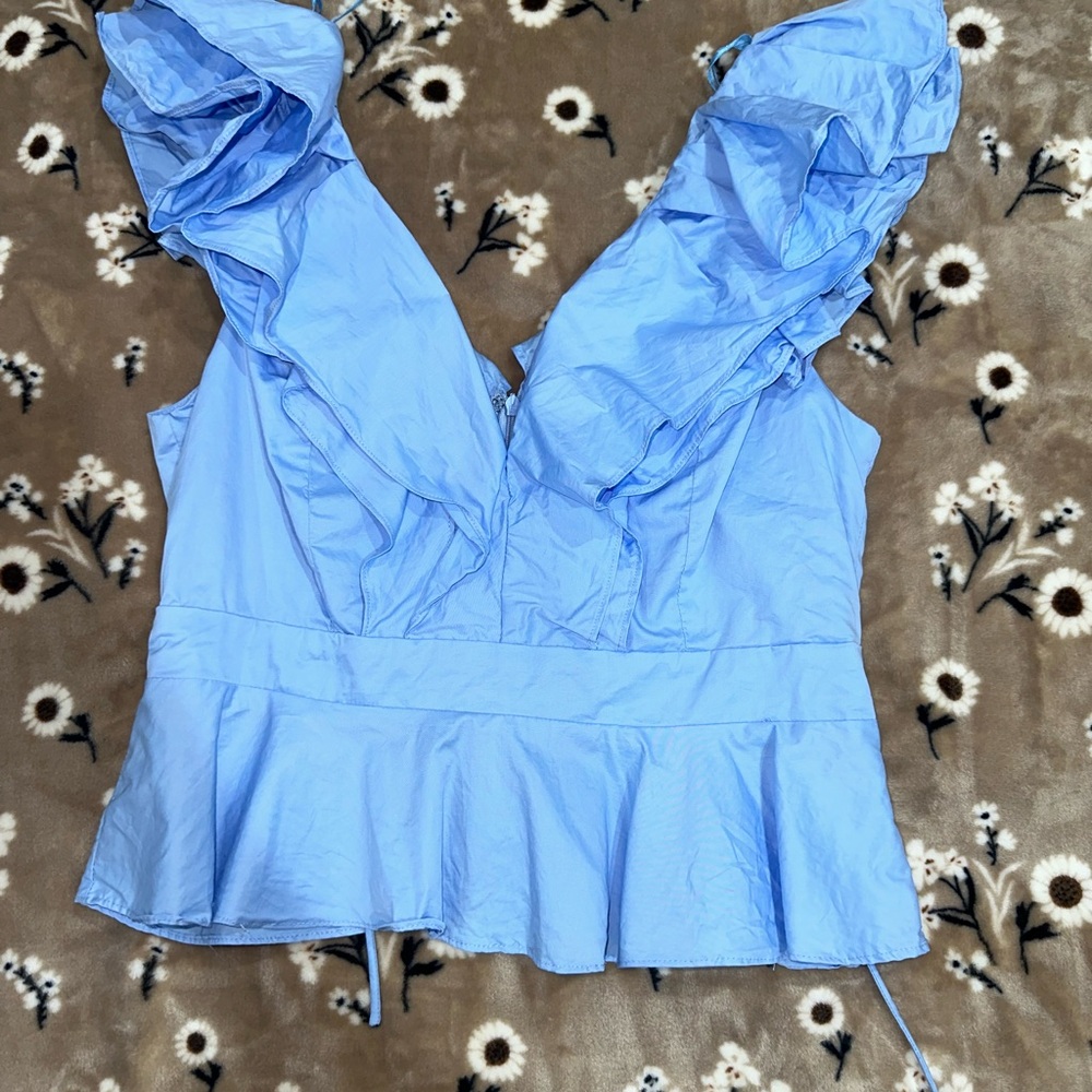 Blue Ruffled Peplum Blouse with V-Neckline